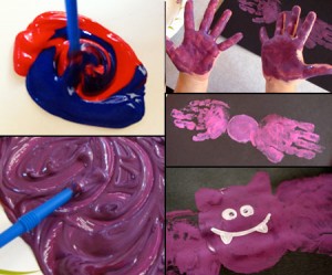 Making purple paint and a handprint bat