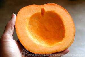 Clean out the seeds and cut a stem in the pumpkin shape
