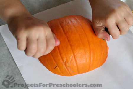 Press painted side of pumpkin on to paper Press painted side of pumpkin on to paper