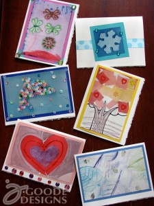 Hand made greeting cards with scanned kids art