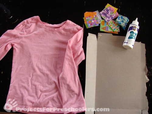 Materials to make your own fabric scrap decorated shirt