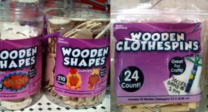 Wood shapes and clothespins at Walmart